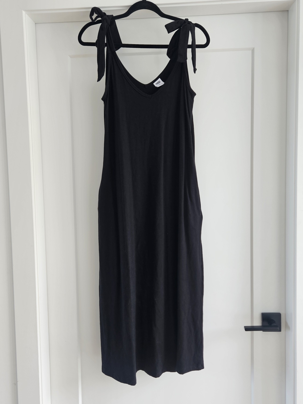 Smash + Tess Black Tie-Shoulder Midi Dress Sz Medium Bamboo Cotton Blend Pockets